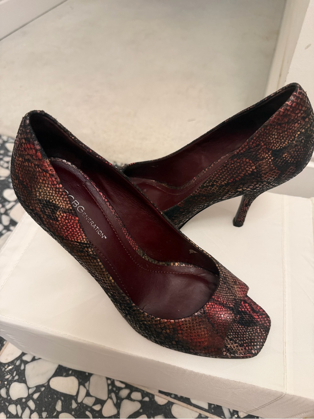 BCBGeneration Red and Brown Snakeskin Peep-Toe Pumps